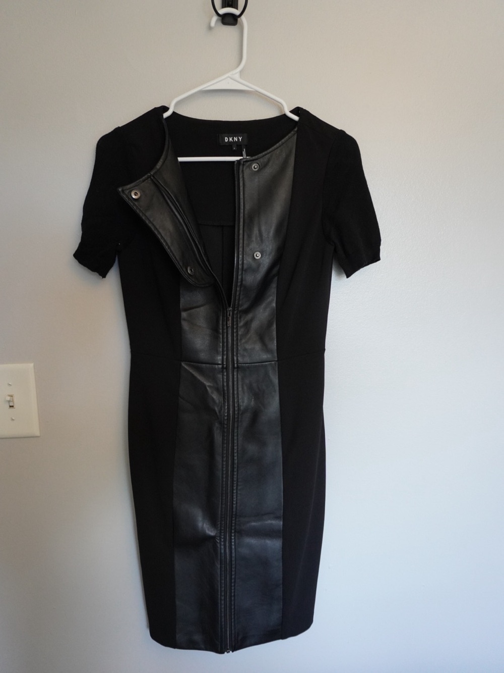 DKNY Black Mini Dress with Faux Leather Front Panel